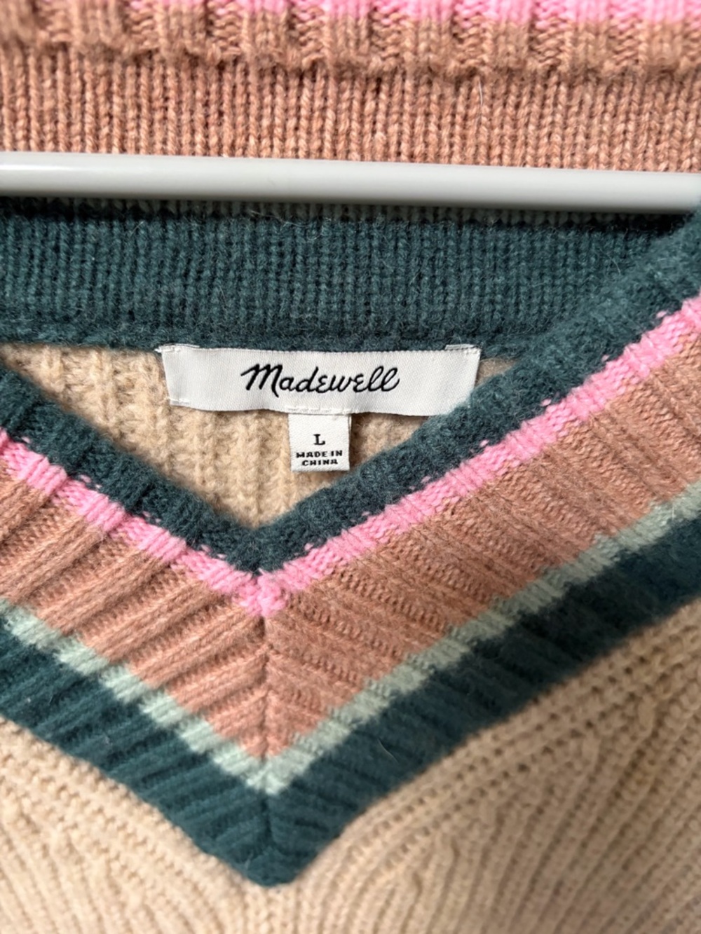 Madewell Beige V-Neck Sweater with Green and Pink Stripe Detail - Picture 2 of 2